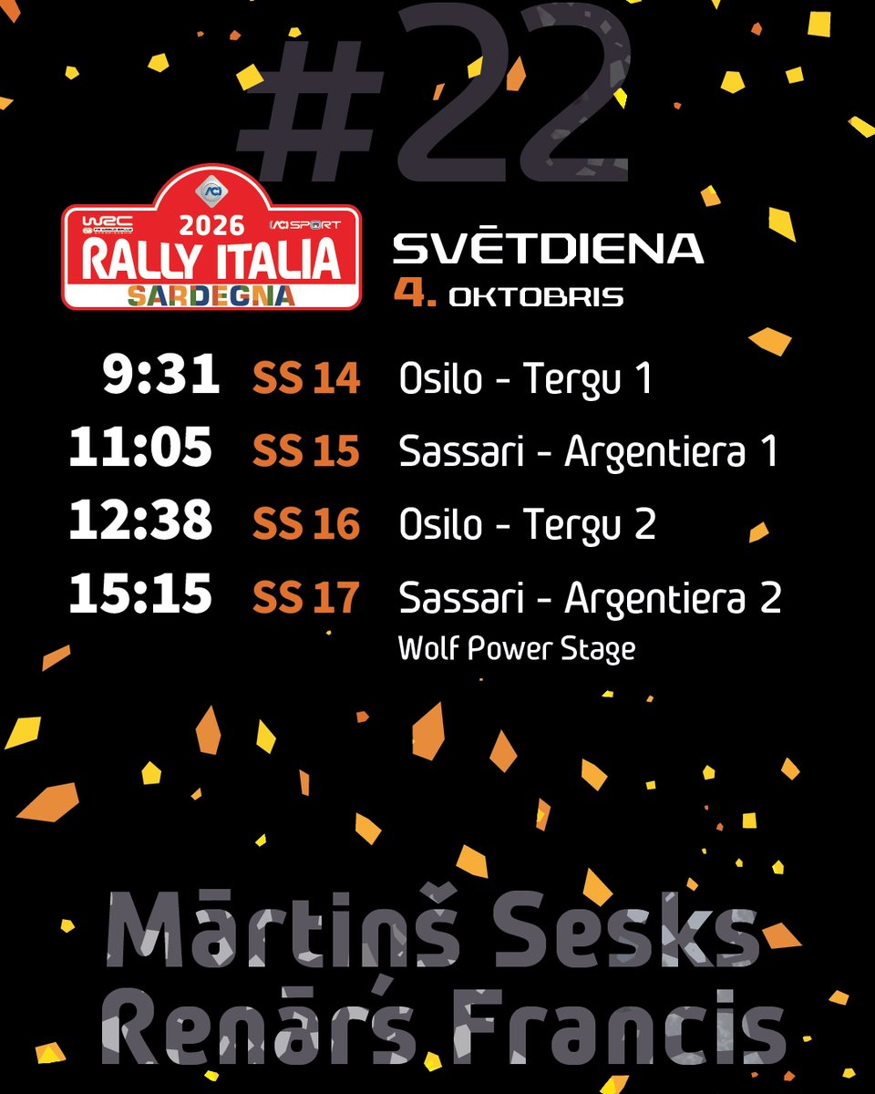 LVRally's tweet photo. Svētdiena. Četri noslēdzošie Rally Italia Sardegna ātrumposmi. Četri noslēdzošie ātrumposmi arī #Rally1 ēras automašīnām... Pirmais no tiem jau plkst. 9:31, un pirmie tajā startēs liepājnieki Mārtiņš Sesks / Renārs Francis.
#WRC #RallyItaliaSardegna #Rally1 https://t.co/i3mSX5YNmn