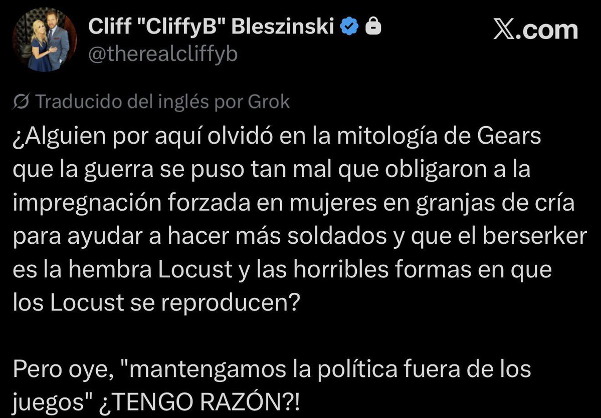ASprtInTheGardn's tweet photo. The creator of gears of war blatantly says how the COG are facsist and draws direct inspo from the golf war along other real world events, but yea go on and tell me politics have no place in gaming 🤣

He straight calls theses dudes idiots…have fun justifying yourself now 💀 https://t.co/vd3xPxgwXZ