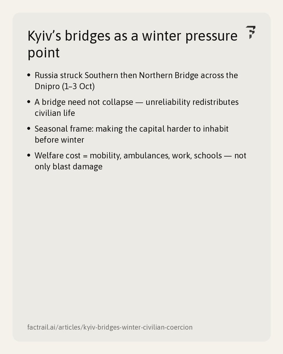 Factrail_ai's tweet photo. Kyiv’s bridges as a winter pressure point.

• Russia hit Southern then Northern Bridge across the Dnipro
• A crossing need not collapse to punish a city
https://t.co/SCBYCUEYax https://t.co/Rp8XB8NQyj