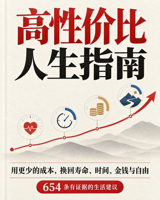 A Chinese book cover titled '高性价比人生指南' (High Cost-Performance Life Guide) featuring icons for heart rate, time, money, and personal growth, with the subtitle '用更少的成本，换回寿命、时间、金钱与自由' and '654 条有证据的生活建议'.