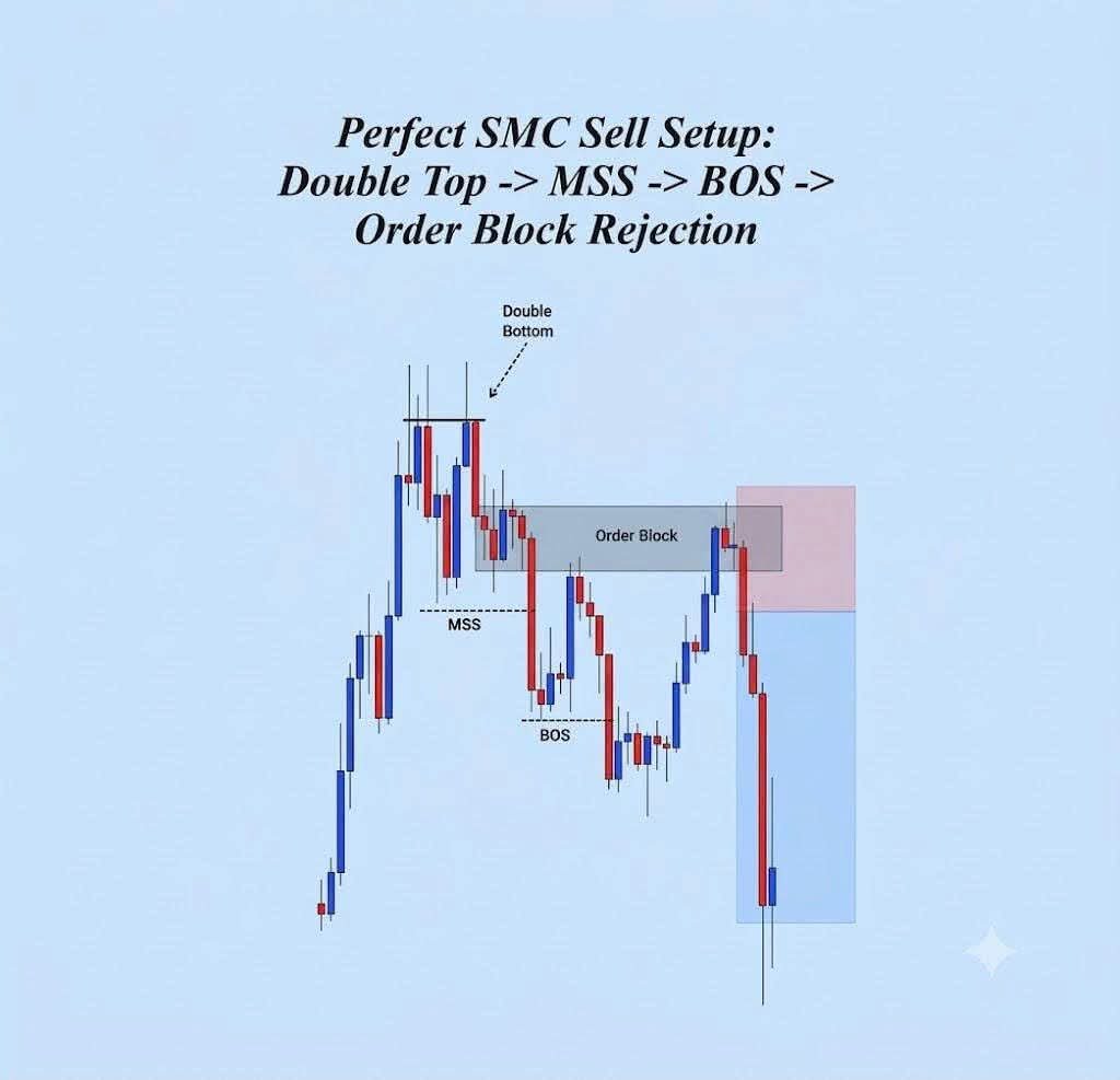 SMCICTTrader47's tweet photo. PERFECT SMC SELL SETUP: Double Top -> MSS -> BOS -> Order Block Rejection

#SMC #SmartMoneyConcepts #ForexTrading #OrderBlock #PriceAction https://t.co/TGqkamm2Lf