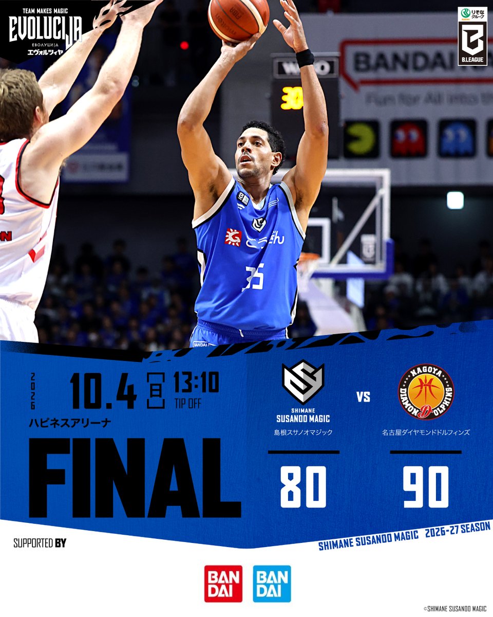 susanoo_m's tweet photo. 【試合終了】
島根 80-90 名古屋D
＿＿＿＿＿
🗓️10/4(日)13:10 TIP OFF
🆚#名古屋ダイヤモンドドルフィンズ
📍バンダイナムコアリーナ松江(松江市総合体育館)
￣￣￣￣￣
📡見逃し配信はこちら:
https://t.co/Si3itAOTQT

🏀HOMEゲームのチケットはこちらから
https://t.co/V09wq5ScNX

Supported by
#バンダイ
#BANDAISPIRITS

#島根スサノオマジック
#風を起こそう