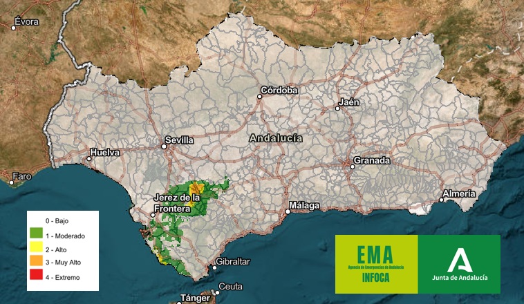 Plan_INFOCA's tweet photo. 🟥 ÍNDICE DE RIESGO DE #IIFF | Nuestro mapa es similar al de ayer, con el riesgo concentrado en la provincia de Cádiz. En cuanto al tiempo, cielos nubosos, con precipitaciones débiles en la zona occidental. 

Buenos días. 

Mapas: 🔗 https://t.co/wkISXB3HlN https://t.co/FezH24H5Xu