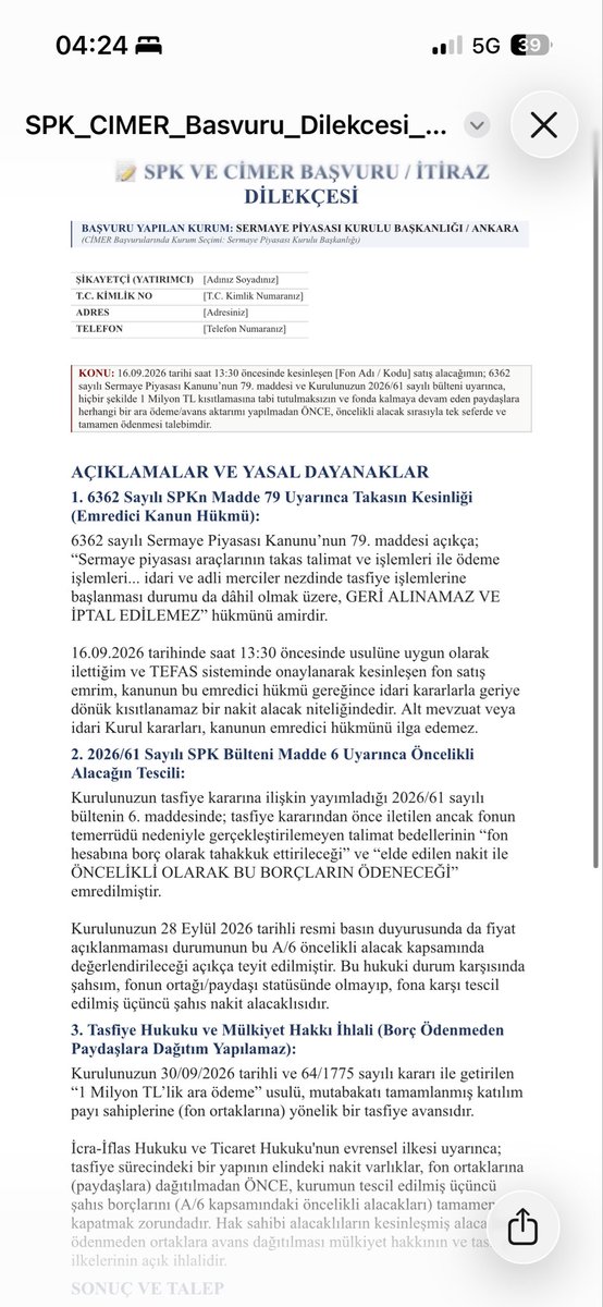 psychegirls's tweet photo. #PBLK_ÖNCELİKLİDİR 16 saat 13:30 öncesi kesinleşen fon emirlerinin tamamı ödenmeden 1M TL kısıtlamasına karşı  SPK ve CİMER itiraz dilekçemiz hazırdır. Yapay zekada Bunu yazıya dönüştürerek çimer spk başvuru yaparsak kamuoyu oluşturmak açısından önemli olabilir. #thf #tly #tp2 https://t.co/gbhlzYOu9V