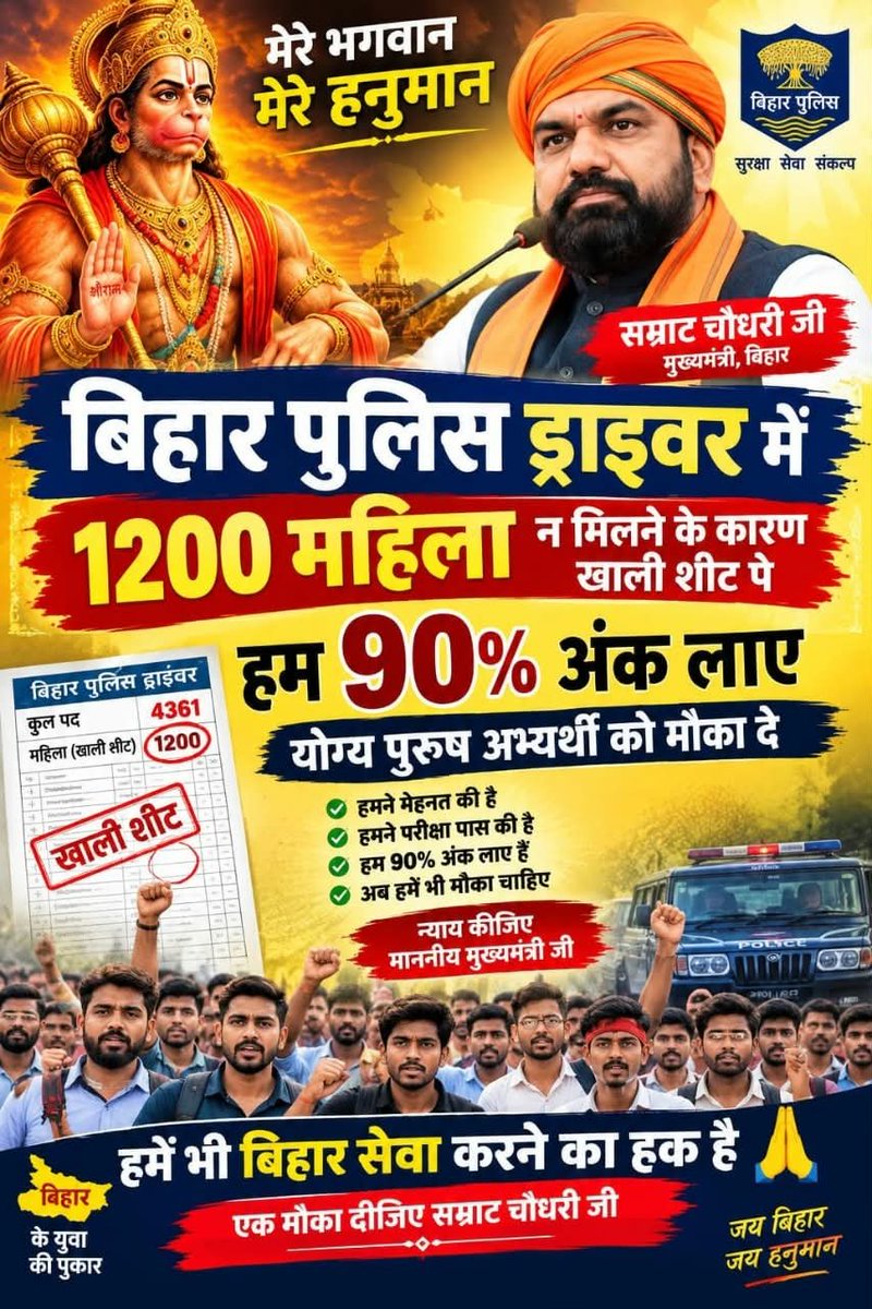 shatrudhan90431's tweet photo. बिहार पुलिस ड्राइवर अभ्यर्थी 4361,
विज्ञापन संख्या( 02/2025 ) 
महिलाओं का जो खाली पद बच जाता है, उसे उसी कोटि के DET पास,पुरुष अभ्यर्थी से भरा जाए।
#biharpolicedriver4361 
@officecmbihar @samrat4bjp @BiharHomeDept @yadavtejashwi @NitishKumar @ZeeNews @aajtak @News24 @TheNewspinch https://t.co/5SPHjqiqjN