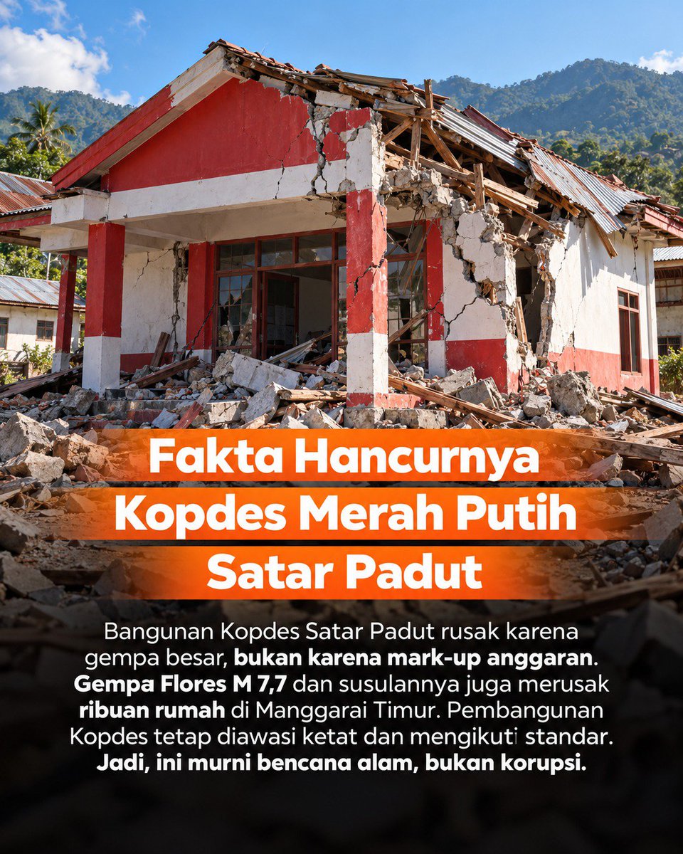 ismailekan's tweet photo. Bangunan Kopdes Merah Putih Satar Padut rusak akibat gempa besar, bukan karena mark-up anggaran. Di tengah bencana, mari tetap berpijak pada fakta dan jangan mudah terpancing isu tanpa bukti. Kopdes akan pulih dan bangkit kembali.
#KDMPTerpercaya https://t.co/2Dj6mQRiPF
