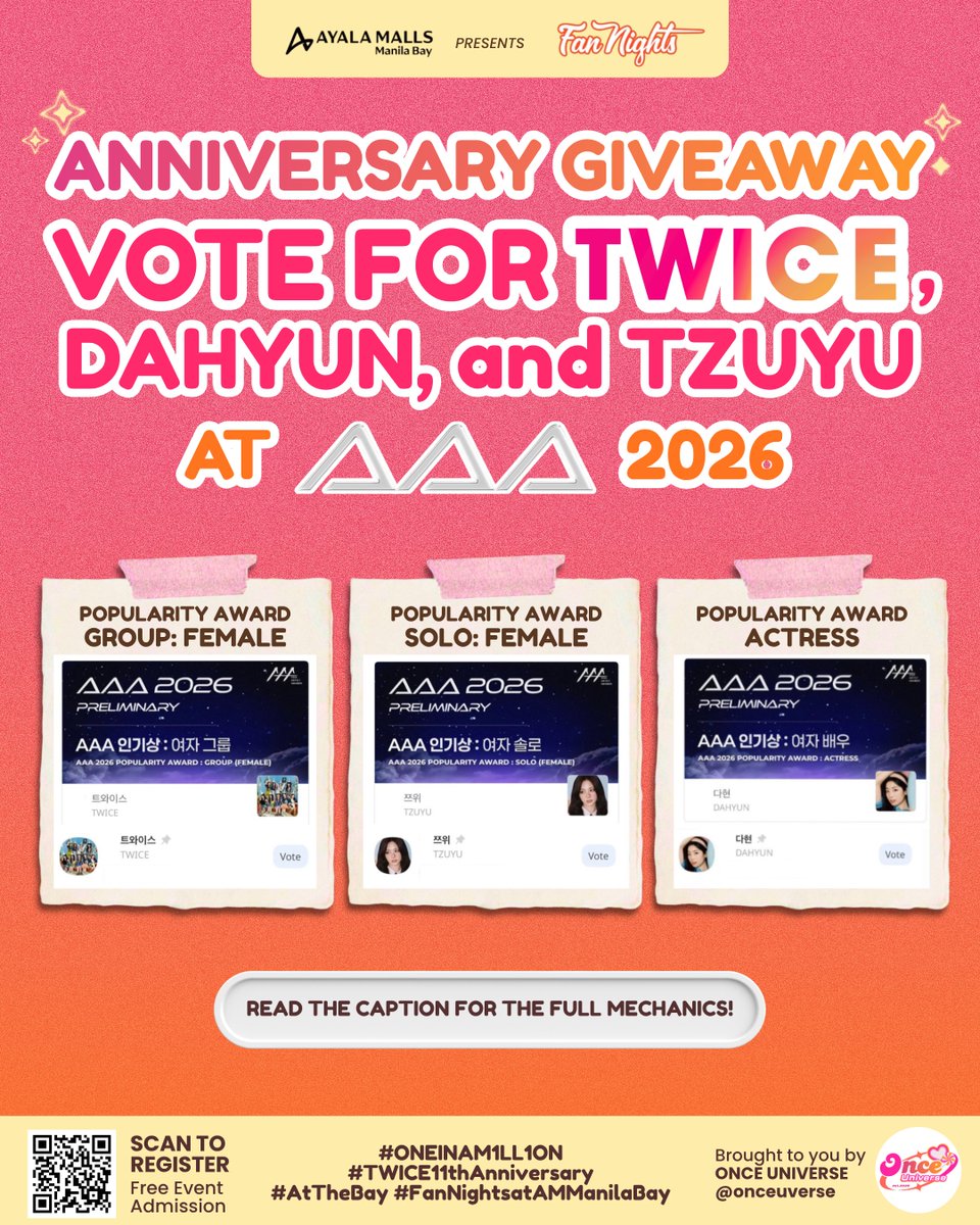 onceuverse's tweet photo. 🍭🎉 ANNIVERSARY GIVEAWAY! 🎉🍭
As we celebrate TWICE’s 11th Anniversary and Once Universe’s 1st Anniversary, we want to give back to the ONCE community with a little something special! 💗

We’re giving FOUR lucky ONCEs a piece of ONE IN A M1LL1ON Exclusive Event Items! 🎁✨

📣 HOW TO JOIN:
1. Follow @onceuverse on X.
2. Like and repost this giveaway post. 
3. Download and open the IDOLCHAMP App. Log in or create an account.
4. Navigate to the AAA 2026 voting tab.
5. Vote for TWICE, DAHYUN, and TZUYU on IDOLCHAMP for AAA 2026. One vote per category = 1 entry.
6. Take a screenshot of your votes and reply with your proof to this giveaway post.

VOTING CATEGORIES
🩷🧡 TWICE
→ Popularity Award: GROUP (FEMALE)

💙 TZUYU
→ Popularity Award: SOLO (FEMALE)

🤍 DAHYUN
→ Popularity Award: ACTRESS

✨ Vote for all three = 3 entries! ✨
Each category you vote in counts as one entry. Multiple entries are allowed.

📅 Giveaway Period: October 4 - 24, 2026 | 10 PM
🏆 Winner Announcement: October 24, 2026 | 11 PM
📍Open to PH-based (nationwide) ONCEs only 🇵🇭
🎁 Winners may claim their prizes on the day of the event or have them shipped at the winner's expense.

ONE IN A M1LL1ON: TWICE’s 11th Anniversary Event
📅 October 25, 2026
🕛 12 NN to 8 PM
📍 5F Sun Garden, Ayala Malls Manila Bay

Let’s celebrate TWICE, Once Universe, and the amazing ONCEs together! 🥹💗

𝐻𝑒𝓇𝑒’𝓈 𝓉𝑜 𝟣𝟣 𝓎𝑒𝒶𝓇𝓈 𝑜𝒻 𝒯𝓌𝒾𝒸𝑒 𝒶𝓃𝒹 𝟣 𝓎𝑒𝒶𝓇 𝑜𝒻 𝒪𝓃𝒸𝑒 𝒰𝓃𝒾𝓋𝑒𝓇𝓈𝑒! 🍭✨💗

#ONEINAM1LL1ON #TWICE11thAnniversary
#AtTheBay #FanNightsatAMManilaBay
#TWICE #DAHYUN #TZUYU