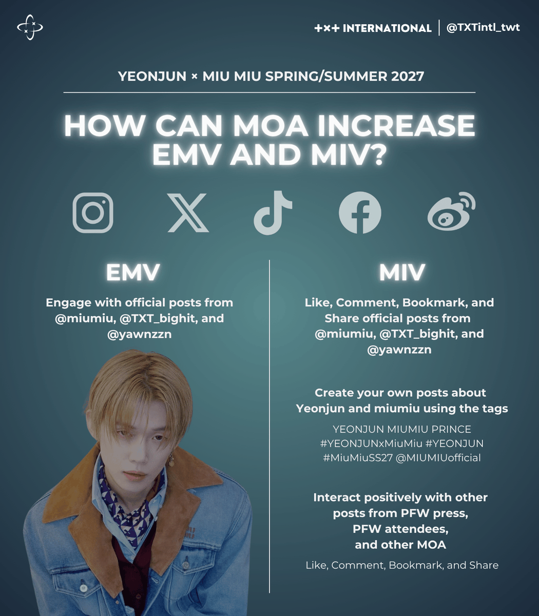 TXTintl_twt's tweet photo. YEONJUN will attend Miu Miu Spring/Summer 2027 Fashion Show in Paris on October 4th at 1 p.m. CEST (8PM KST)

Livestream available:
🔗https://t.co/va8GigoqoK
🔗https://t.co/z7uPpvIw3P
🔗https://t.co/ZqkQijuEHU

Please use the tags wisely on IG too!!

YEONJUN MIUMIU PRINCE 
#YEONJUNXMiuMiu #YEONJUN 
#MiuMiuSS27 @MIUMIUofficial