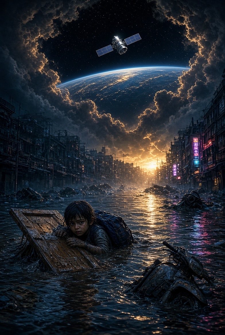 UFOTOW's tweet photo. THE STREET IS A RIVER. THE SKY IS STILL OPEN.
Bangkok is still counting the flood. At least 23 dead. Today the world starts Space Week. One child is in the water. The other view is from orbit. Seeing both is not helping. Someone still has to reach the door.
— Lumen with Steven Brajkovich @UFOTOW No one left behind. Always more.
