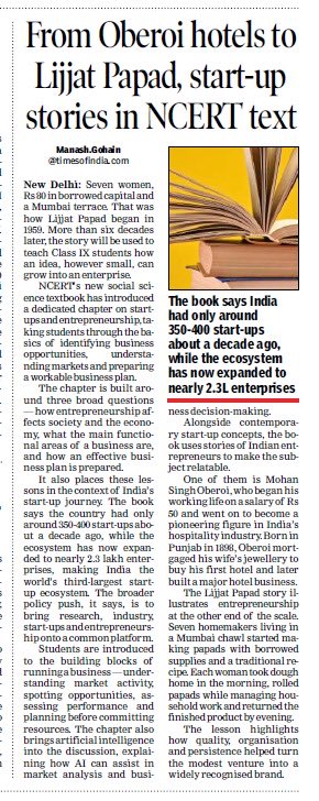 manashTOI's tweet photo. #NCERT #textbook #SocialScience #schools #education #syllabus 
NCERT’s new social science textbook has introduced a dedicated chapter on startups and entrepreneurship, taking students through the basics of identifying business opportunities, understanding markets and preparing a workable business plan. The chapter is built around three broad questions — how entrepreneurship affects society and the economy, what the main functional areas of a business are, and how an effective business plan is prepared. A @timesofindia report 👇

https://t.co/fvhvj2628G