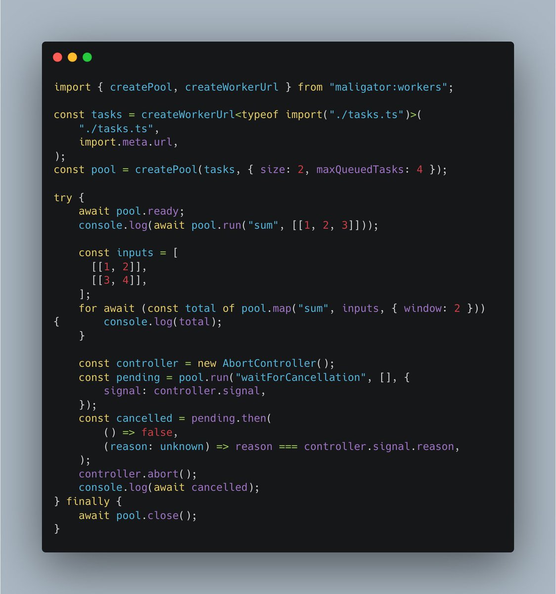 dirkdev98's tweet photo. The next version of Maligator is going to support off-thread workers! They run mostly isolated, support MessageChannel, can transfer ArrayBuffers, etc. Maligator manages a native threadpool, `createPool` overlays on that, to run many  VMs that are scheduled across the board. https://t.co/7fmJSr3bZl