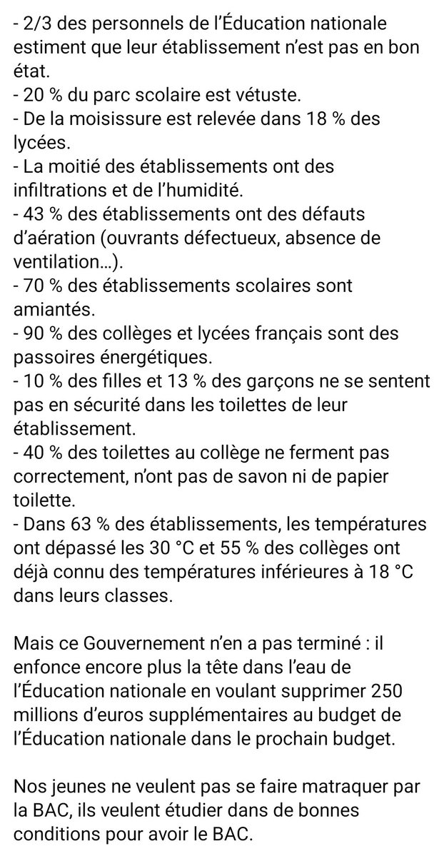 k7558k's tweet photo. Pourquoi les lycéens ont toutes les raisons de manifester :

(Tout est là, trouvé sur facebook)

- pas de profs (ceux qu'ils ont, mal payés / classes surchargées)
- pas soignés 
- EDT inadaptés
- parcoursup
- bâtiments insalubres https://t.co/2utgwxZma6