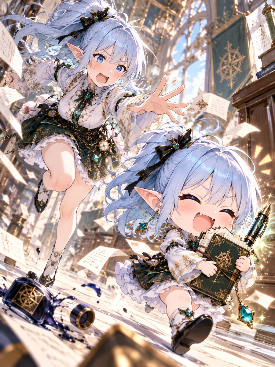LowAngleMuse's tweet photo. #プロンプト配布 #うちの子宝物騒動

自分のOCの大事な宝物、
ちび分身に持ち逃げされたらどうなると思いますか？👀

今回配布するプロンプトはこちらです。

「参考OCの外見や特徴をもとに、デフォルメされた小さな分身が、その子を象徴する大切な宝物を盗んで逃げていく場面を描く。本体は後ろから慌てて追いかける。ダッチアングル、リアルな光と影。二人を同じ画面内に収め、強い躍動感と誇張された楽しい表情、混乱しているのに可愛いコメディ感を表現する。3:4」

ほんの短い一文ですが、
OCが変わるだけで、
盗まれる宝物も、リアクションも、追いかけ方も全部変わるのが面白いところです。

そして今回も
@shizuku_tsuki38 月見夜しずくさんに
プロンプトモデルとしてご一緒いただきました✨

皆さんのOCなら、
どんな宝物騒動になるでしょうか？

ぜひ気軽に遊んでみてください！