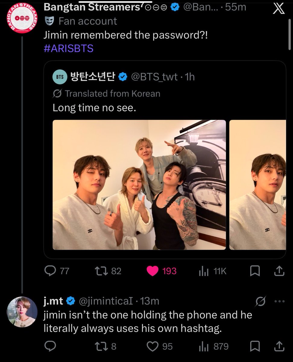ambersthv's tweet photo. miserable psусhopaths jimin stans are harassing Tae unprovoked bc a jm biased army said that it’s jm who posted.
mind you, no kths saw it as a bad thing, we even joke it could be Tae bc they’re barefaced/wo filters. you don’t need to defend a bts member for posting bts on bts acc https://t.co/3xGyTGbAHc
