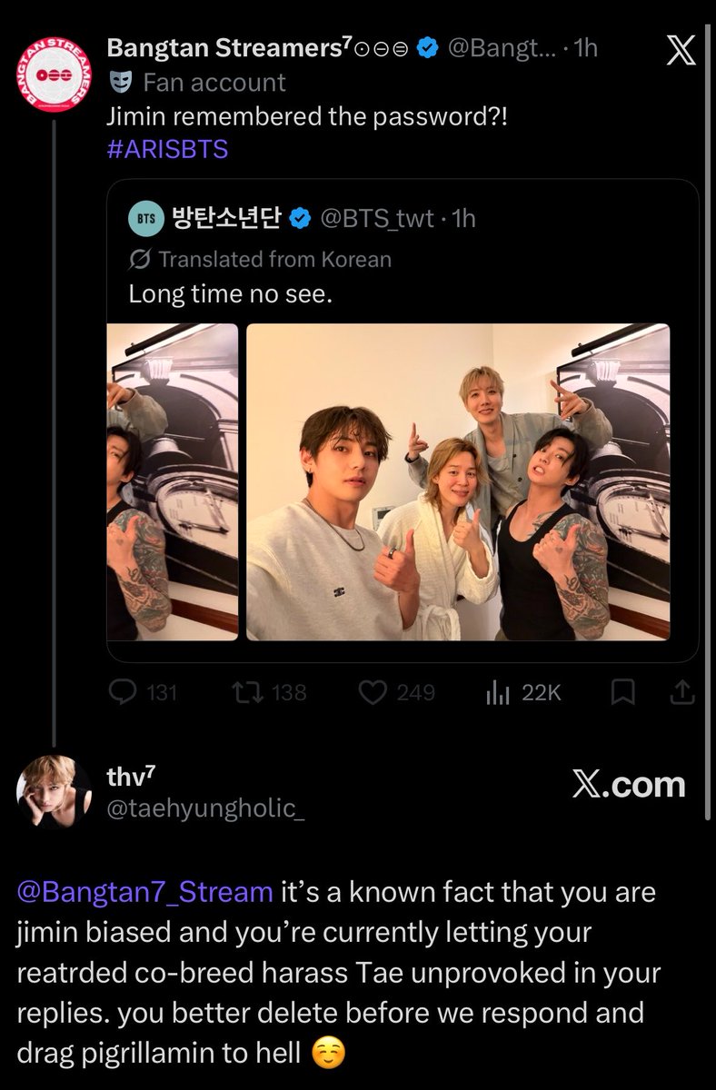 ambersthv's tweet photo. miserable psусhopaths jimin stans are harassing Tae unprovoked bc a jm biased army said that it’s jm who posted.
mind you, no kths saw it as a bad thing, we even joke it could be Tae bc they’re barefaced/wo filters. you don’t need to defend a bts member for posting bts on bts acc https://t.co/3xGyTGbAHc