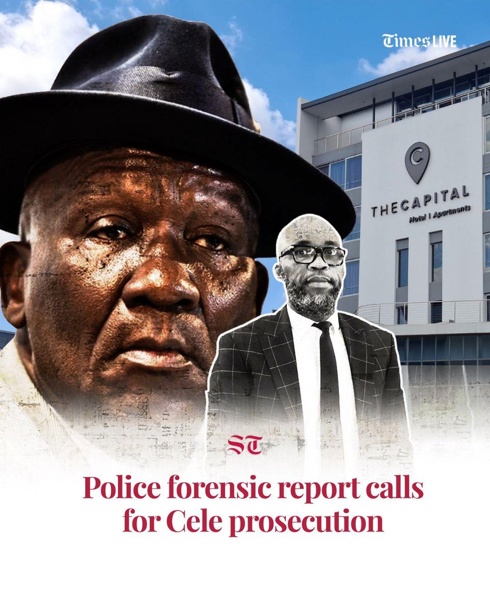 SundayTimesZA's tweet photo. A police forensic report into former police minister Bheki Cele has recommended he be criminally prosecuted for allegedly receiving unlawful “gratification”, including luxury penthouse stays and hundreds of thousands of rands in cash, from Vusimusi “Cat” Matlala’s companies https://t.co/qeKpOkaFd3