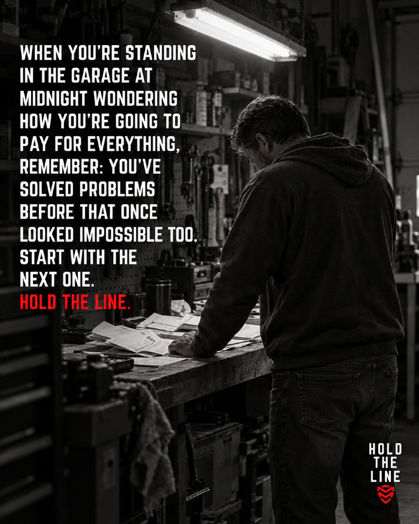 MMC_Brotherhood's tweet photo. A lot of men have stood in the garage late at night wondering how they are going to make it all work. Start with the next problem. Then the next one. That's how hard seasons get survived. If this hit, share it with a man under pressure.

#HoldTheLine #MMCBrotherhood #MoneyStress #ProviderPressure #KeepGoing #MensGrowth #Resilience #UncommonMan