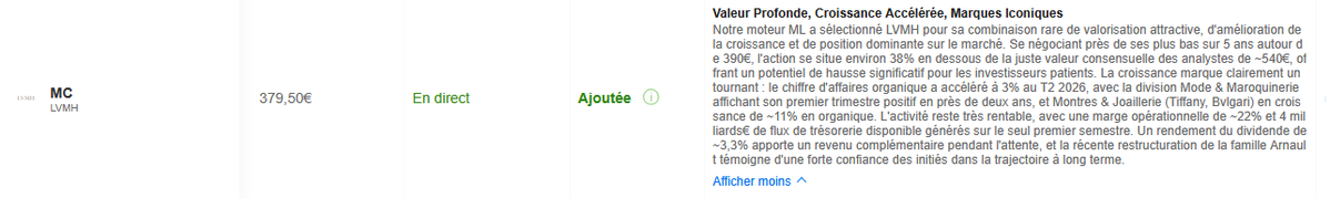ArteR_Trading's tweet photo. C'est l'heure de ton cadeau Mensuel 🎁

ProPicks du portefeuille "TOP ACTIONS FRANÇAISES" d'octobre 2026.

$MC #LVMH 

Fondamentalement : 

▶️ Je t'offre les raisons du Propicks !
▶️ Je t'offre également mes données fondamentales InvestingPRO+ les plus importantes.

Elles te permettent de comprendre en 1 minute ce que tu achètes, ce que ça vaut et ce que ça pourrait valoir. Normalement, tu en as pour minimum 10 heures avant d'en savoir la moitié et encore, en imaginant que tu n'aies pas fait d'erreur ☝️

Techniquement : 

Le titre corrige de -58 % depuis ses plus hauts d'avril 2023.
À l'époque, la concentration du CAC 40 sur le Luxe était supérieur à 35 % et ce n'est pas faute d'avoir prévenu et parler "de la bulle luxe". 
La dernière fois où le titre s'est approché de sa Moyenne Mobile Mensuelle à 200 périodes date de 2008 et la crise des Subprimes ! 

Le graphique est très simple et très clair ✅
En général ce sont les meilleurs ! 

Abonne toi à mon compte X et profite de réductions monstres sur ton abonnement InvestingPRO ou InvestingPRO+ en passant par mon lien partenaire.  
👉 https://t.co/y6RYIru8zp

Si après plus d'1 an à te partager de belles performances en Live accompagnées de l'outil InvestingPRO+, tu n'as toujours pas compris que c'est le meilleur outil, le moins cher et le plus performant qui existe, je ne peux plus rien pour toi ! 😅

Bon Weekend Mes Seigneurs ! 😉

@InvestingFrance @Investingcom