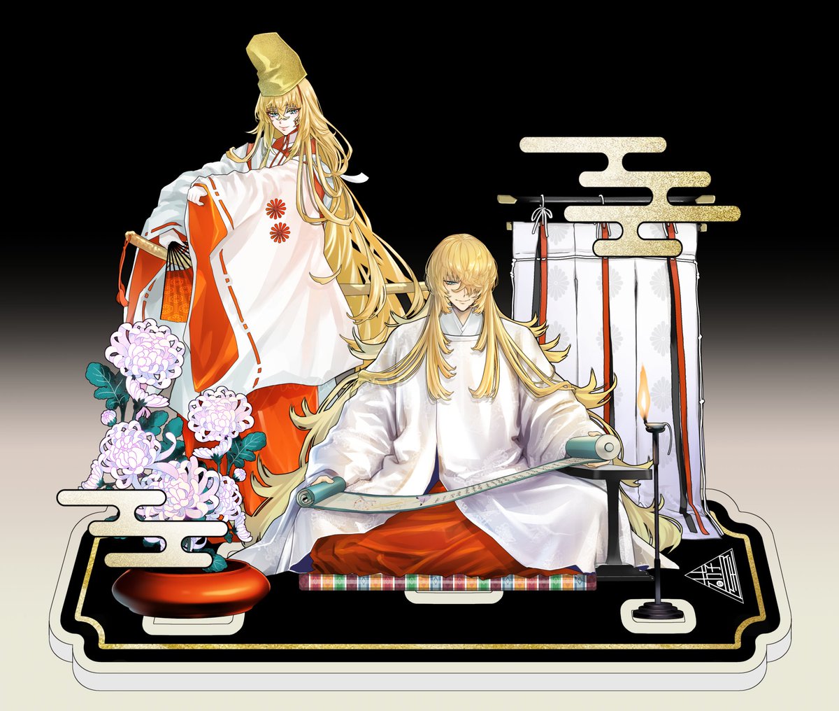 yuuya_ponta's tweet photo. イマジナリー一文字平安王朝時代の則宗さんのアクリルジオラマフィギュアのイラストはこんな感じになったよ。源氏物語絵巻を眺めてる帝verと白拍子verの則宗さんを詰め込みました。出来上がり楽しみ〜〜！
※実際は各パーツの外側２ミリ位置でカットされたアクリル板の縁があります。 https://t.co/azy8WA2U4E