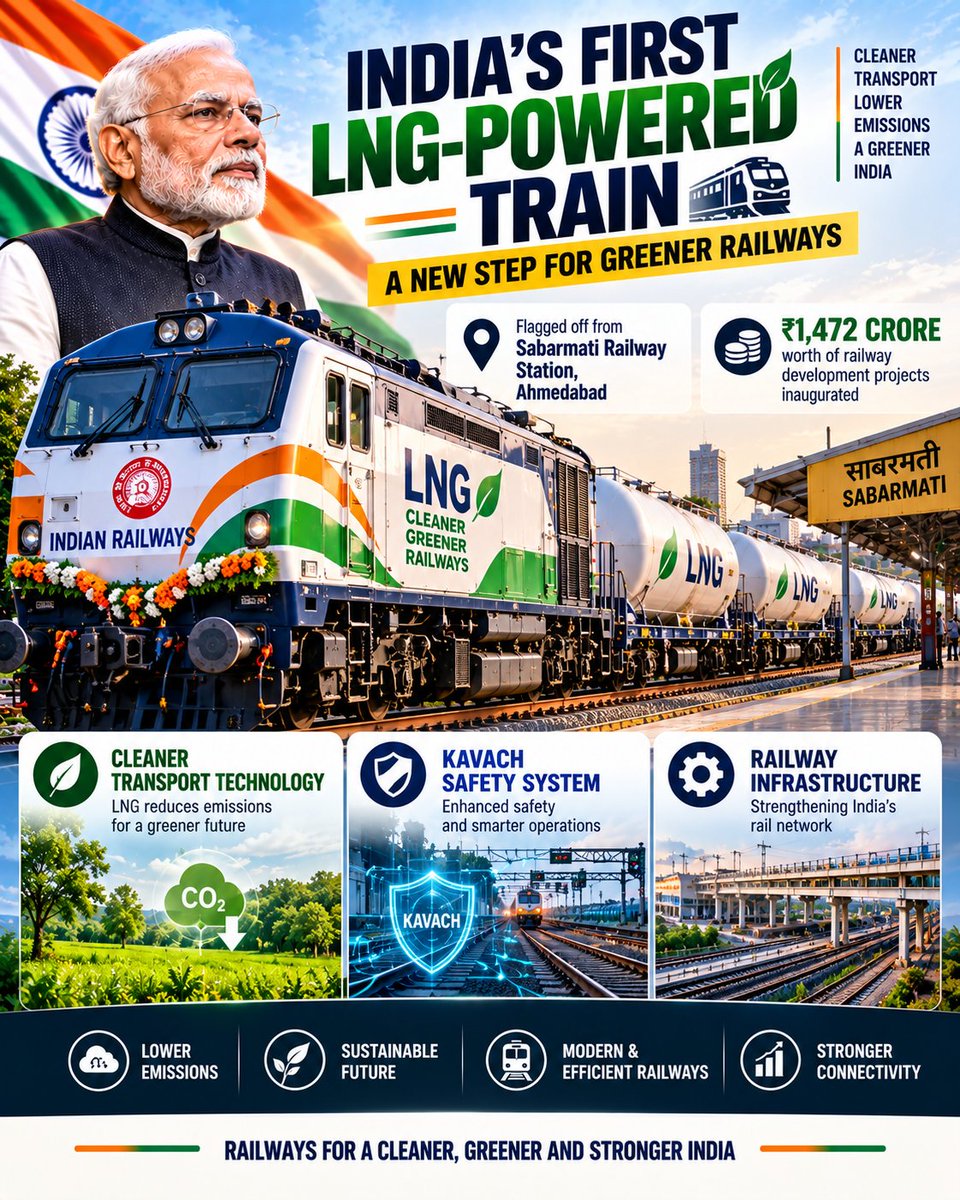 DeshKaDashboard's tweet photo. 🚆 A NEW STEP FOR GREENER RAILWAYS
India flagged off its first LNG-powered train from Sabarmati Railway Station, Ahmedabad.
Alongside this, ₹1,472 crore worth of railway development projects were inaugurated.
🛡️ Kavach safety system
🚆 Railway infrastructure
🌱 Cleaner transport https://t.co/LWGrqcAZZY