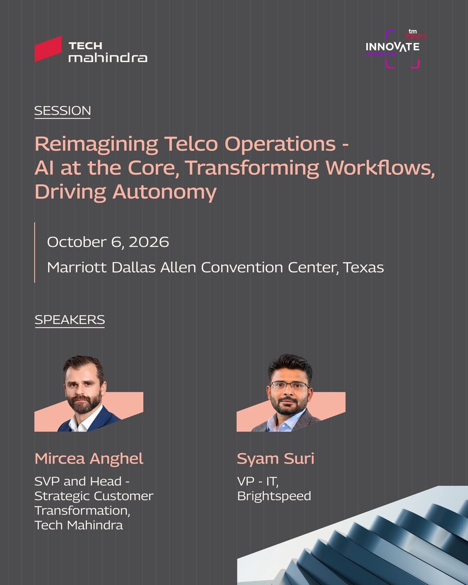 tech_mahindra's tweet photo. Telco operations are being reimagined with AI at the core, driving smarter workflows and greater autonomy.

At Innovate Americas 2026, @tech_mahindra and @gobrightspeed will come together to explore “Reimagining Telco Operations: AI at the Core, Transforming Workflows, Driving Autonomy” and share perspectives on how AI can reshape workflows and accelerate the journey toward more autonomous telco operations.

📅 6 October 2026 | ⏰ 09:00–09:15 AM EST
📍Marriott Dallas Allen Convention Center, Impact Stage

The session brings together Mircea Anghel, MBA, PMP, SVP, Head of Strategic Customer Transformation, Tech Mahindra, and Syam Suri, VP of IT, Brightspeed,  to discuss what it takes to put AI at the heart of telco transformation.

Join us at Innovate Americas 2026 and discover how Tech Mahindra is helping telcos advance toward AI-native, autonomous operations with our industry-first framework, Zero Gravity Telco Architecture™.

Know more: https://t.co/2j7eLgSA5y

#ScaleAtSpeed #UnlockSpectrumOfPossibilities #TechMAtInnovateAmericas2026 #AINativeTelco @