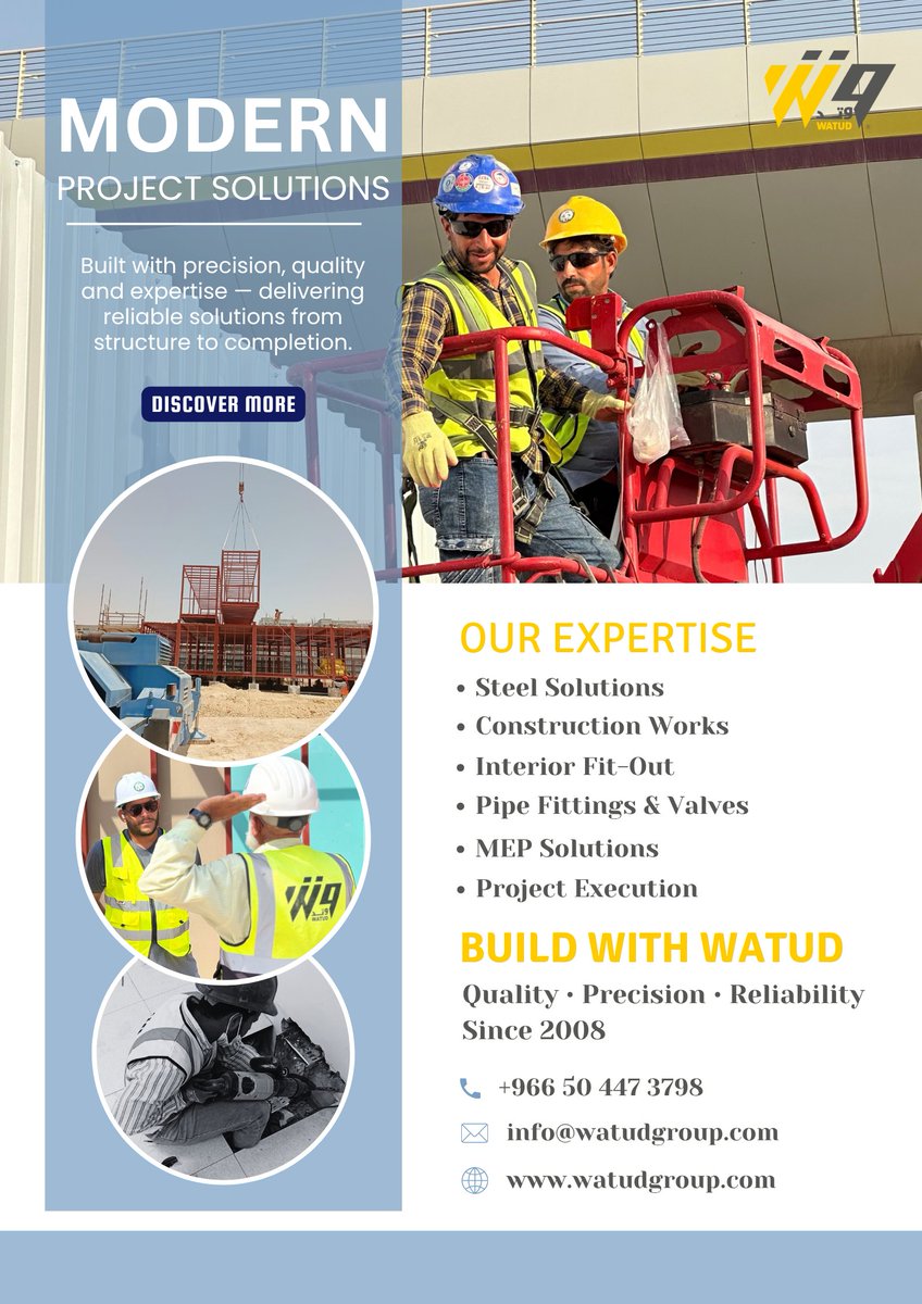 watud_group's tweet photo. Built for today. Engineered for tomorrow.
Watud Group — delivering quality across every project.
#watudgroup #SteelSolutions #construction #fitout #pipefittings #valves #EngineeringExcellence #BuiltToLast #Vision2030 #saudiarabia https://t.co/ljfsRj4poX