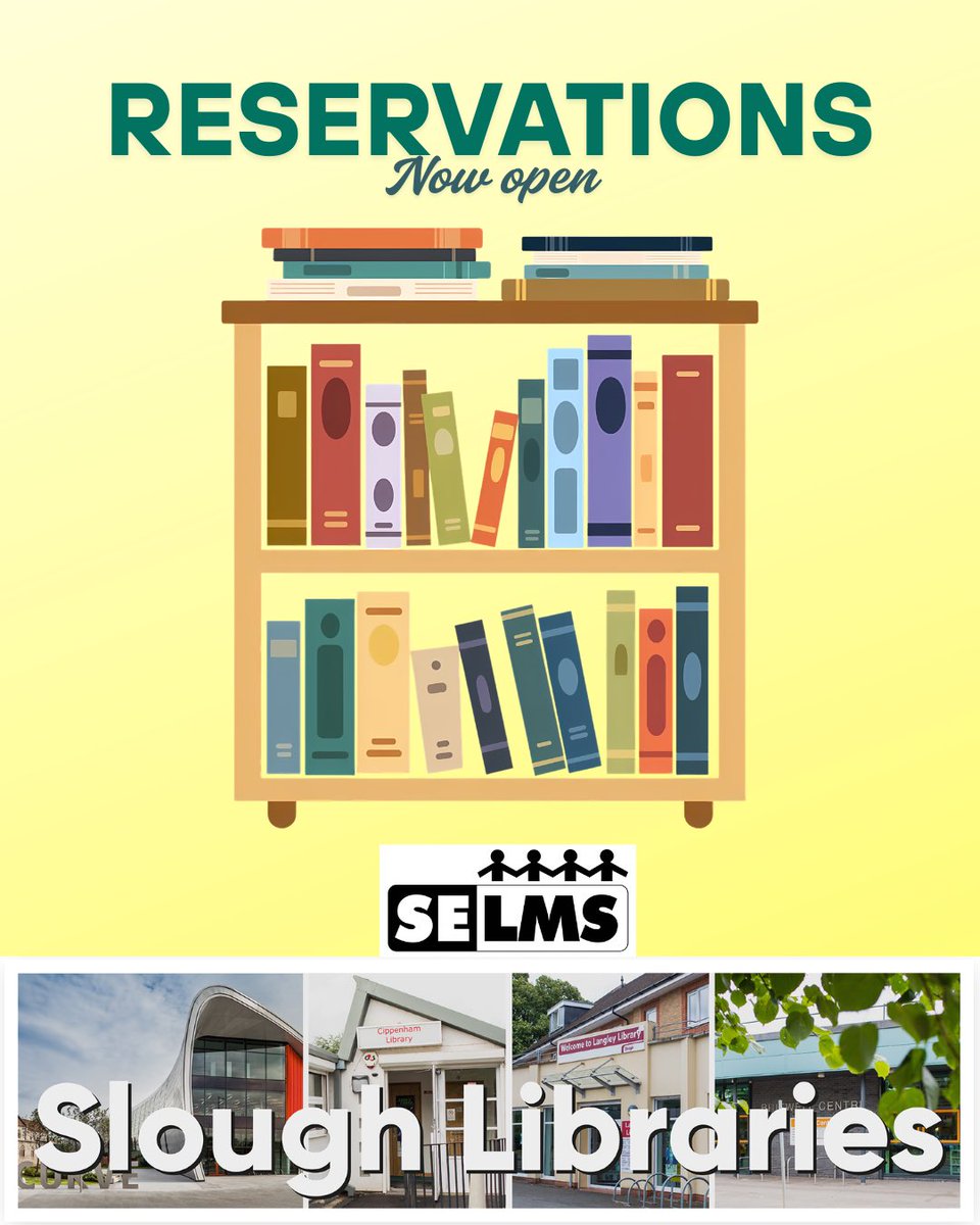 SloughLibraries's tweet photo. Great News! Library Reservations Are Back!
We’re delighted to announce that the reservation service is now live.

You can once again reserve books from across our four libraries and from our SELMs partners. This service maybe subject to fees.

https://t.co/7Xm0mrr7Jn https://t.co/cN6PIqN2Ci