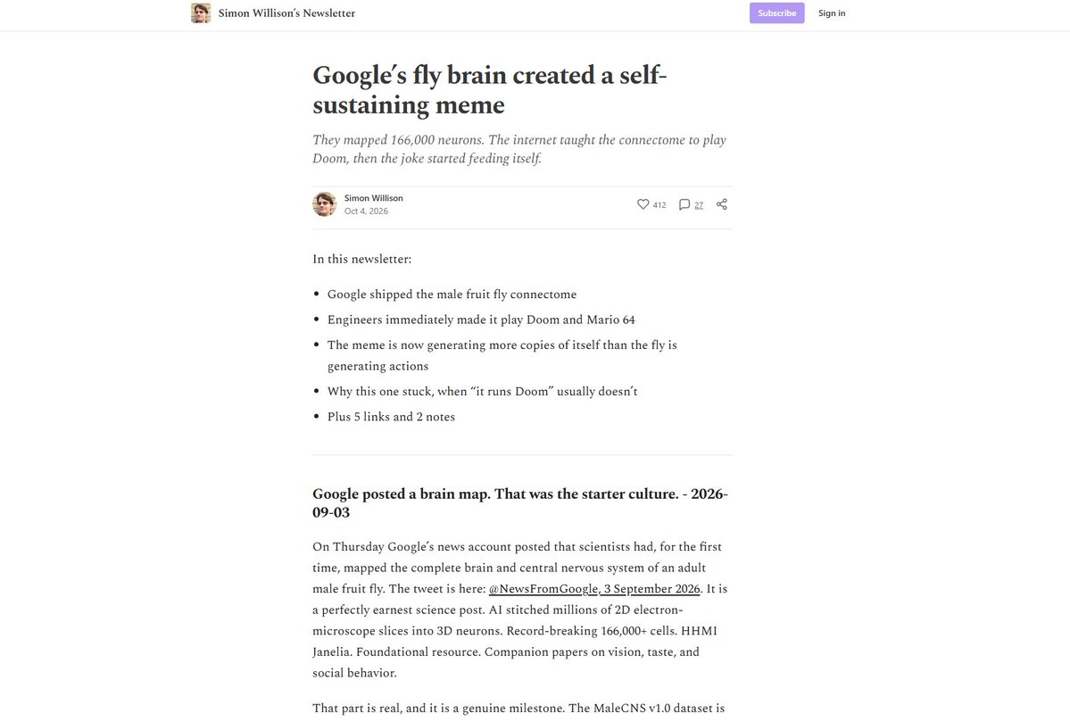 0xNapoleans's tweet photo. .@simonw just posted a article that google have created a meme named "PPL101" using a fruitfly's brain

creating it on @tryagency paired to google gemini

surely this goes 1m no?

https://t.co/TQflBKAIOI

x https://t.co/0J0nL7bXJG