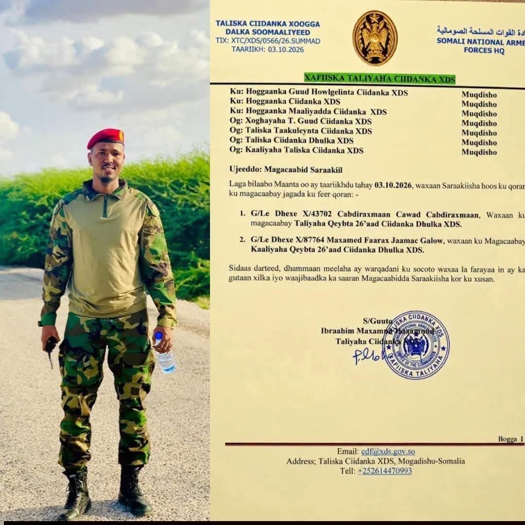 khadiryare's tweet photo. G/dhexe Abdirahman Awed Baalcade ayaa loo magacaabay taliyaha qaybta 26aad ee ciidan xooga dalka 
Halka G/dhexe Mohamed Farah Jama Galow loo magacaabay taliye xigeenka qaybta 26aad https://t.co/5oDpE8gixb