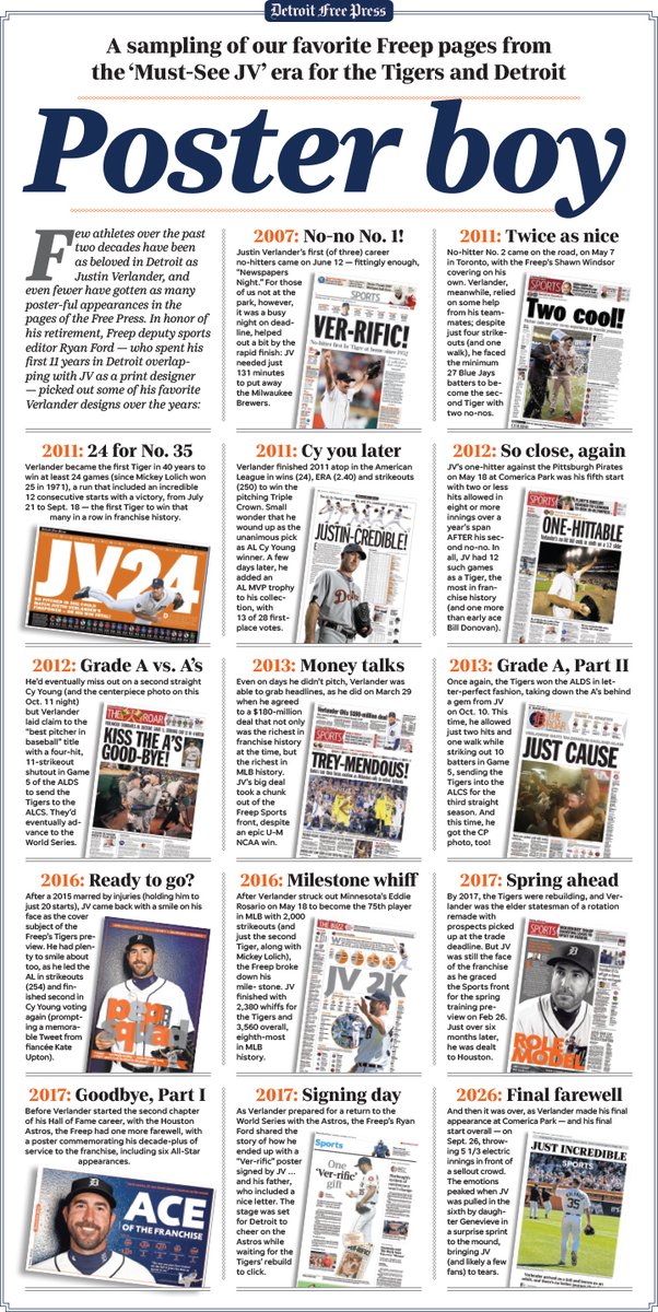 theford's tweet photo. Justin Verlander's Tigers farewell was last weekend, but @freepsports gave him one last goodbye in this Sunday's print edition (along with grades for the whole team, not pictured), with some great pics by @visualdavid and some throwback pages by, ahem, some old designer (mostly). https://t.co/LOpvNw1k9T