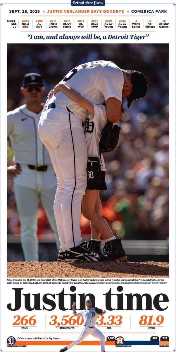 theford's tweet photo. Justin Verlander's Tigers farewell was last weekend, but @freepsports gave him one last goodbye in this Sunday's print edition (along with grades for the whole team, not pictured), with some great pics by @visualdavid and some throwback pages by, ahem, some old designer (mostly). https://t.co/LOpvNw1k9T