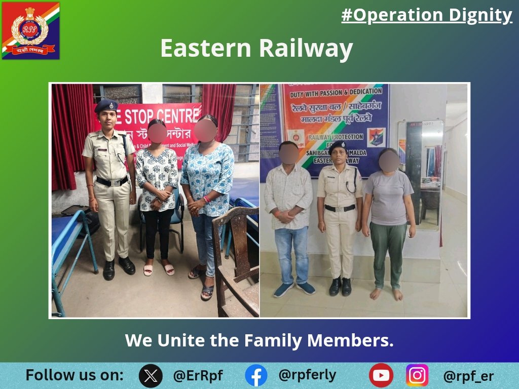 ErRpf's tweet photo. On 03.10.2026, RPF Officials rescued 02 female persons from Bardhhaman and Sahibganj Railway Stations and handed them over to their relatives after due process.
#OperationDignity
@RPF_INDIA 
@RailMinIndia https://t.co/bwSLGwXL7k