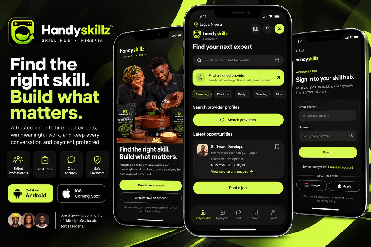 oluwabanjo_'s tweet photo. We built Handyskillz because finding a good person to get a job done shouldn’t be this difficult.

In Nigeria, there are thousands of talented artisans, technicians, professionals and service providers who can do great work.

The problem is often finding them, knowing who to trust, communicating clearly, agreeing on the job, and managing everything that comes after.

That’s what we’re trying to solve with Handyskillz.

We’re building a platform where customers and businesses can discover skilled professionals around them, connect with them, post jobs, manage service requests and get work done - all in one place.

We’re still early.

There are a lot of things to improve, a lot of things we’re learning, and definitely a lot of things that can go wrong when you're building from the ground up.

But we believe there’s a real opportunity here.

The goal is simple: make it easier for people with skills to find opportunities, and easier for people who need those skills to find the right person.

We’re working on it one step at a time.

If you’re an artisan, professional, business owner, developer, investor, or someone interested in the future of Nigeria’s skilled-services economy, let’s connect and please let’s join the waiting list:

https://t.co/JMD8b1N9ke

Handyskillz - Find trusted skills. Hire locally. Get work done.

Built and Designed by Digiphonix Digital Solutions

hashtag

#Handyskillz #Startups #AfricaTech #Entrepreneurship #Marketplace #SkilledServices #TechInAfrica #Nigeria