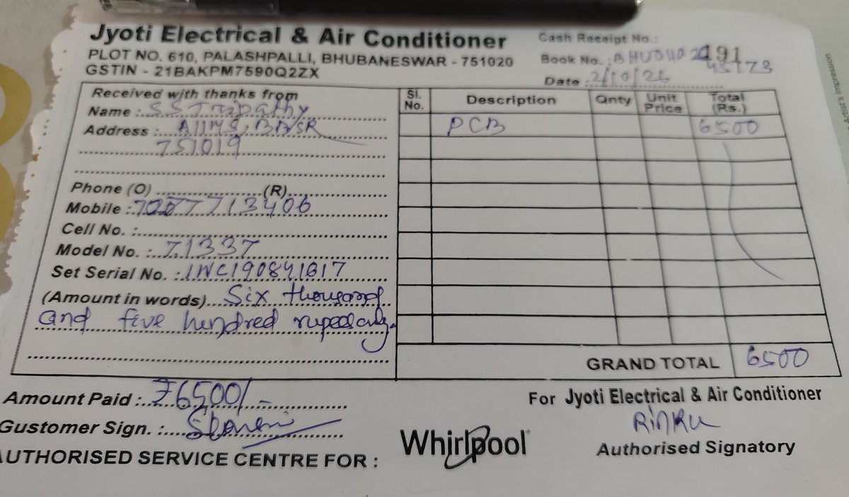 sitansutripathy's tweet photo. @whirlpool_india You took only 3 days to respond and by now technician visited and problem solved.

Please stop these chat bot response and check with your team prior to responding.

I've a query about cost of PCB replaced, if you can really help with that, that would be great. Invoice attached. https://t.co/XNDLUt2t2E