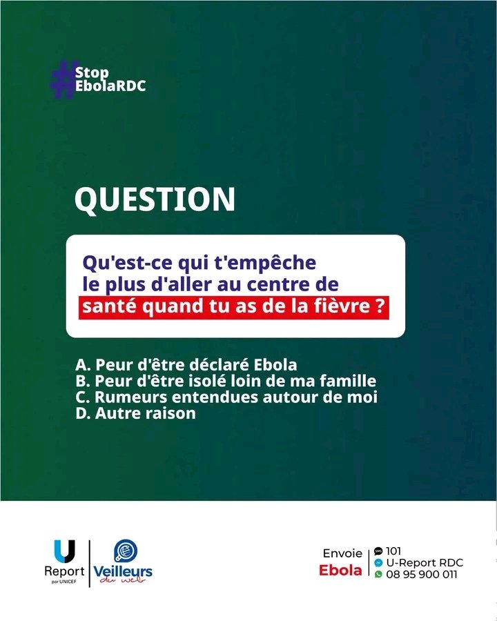 JeanLonyangu's tweet photo. QUESTION DU JOUR 📊

Qu’est-ce qui t’empêche le plus d’aller au centre de santé quand tu as de la fièvre ? 🤔

Réponds simplement par A, B, C ou D et partage ton avis.

#StopEbolaRDC
#VeilleursduwebRDC5 https://t.co/lMreHigMIK