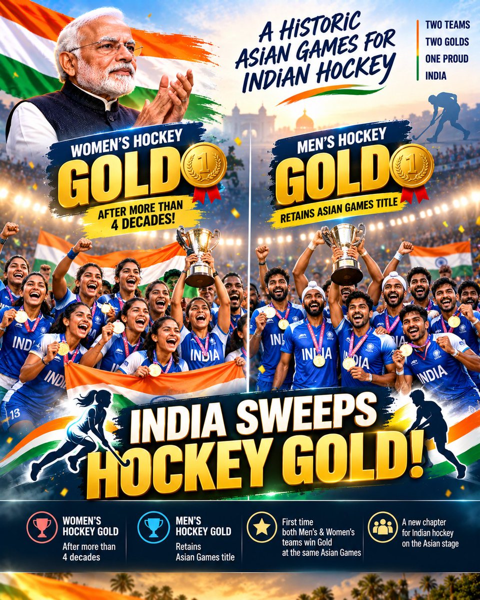 DeshKaDashboard's tweet photo. INDIA SWEEPS HOCKEY GOLD! 🥇🥇

A HISTORIC ASIAN GAMES FOR INDIAN HOCKEY
🥇 Women’s Hockey — Gold
🥇 Men’s Hockey — Gold

For the first time, India’s Men’s and Women’s Hockey Teams have won Gold at the same Asian Games

@TheHockeyIndia https://t.co/EJLViCU1Ey