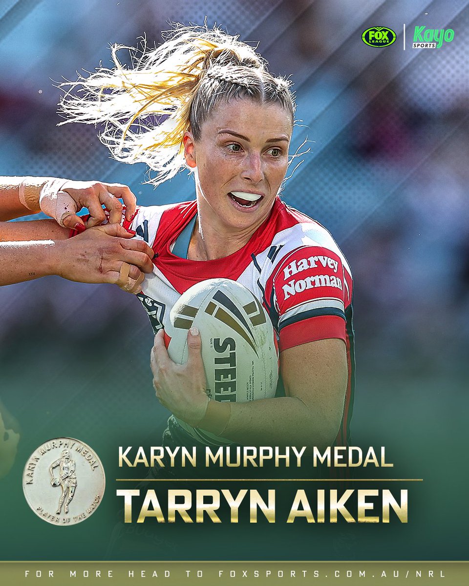 FOXNRL's tweet photo. COMEBACK COMPLETE 🥇🐓

This time last year Tarryn Aiken was left devastated after a devastating injury ended her season.

Now she has another Karyn Murphy Medal! 

HER INCREDIBLE STORY >> https://t.co/EIhVJq1NZ7 https://t.co/4WVlw7NNAd