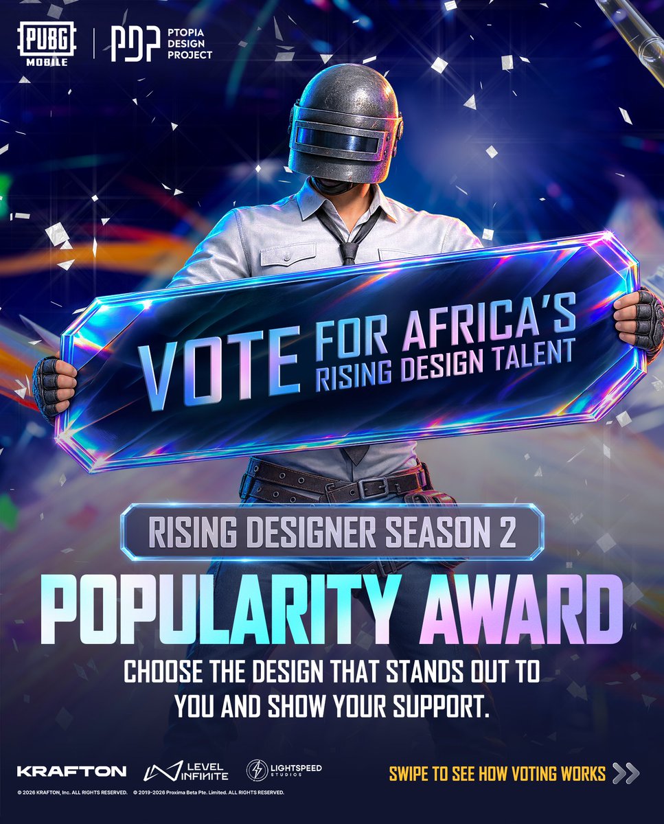 PUBGMOBILE_AF's tweet photo. POPULARITY AWARD VOTING IS NOW OPEN! 

PUBG MOBILE Rising Designer Season 2 has brought together incredible creative talent from across Africa, and now it's your turn to support the design that stands out to you the most.

Every vote counts, so show your support and back the design you believe deserves the Popularity Award.

#PUBGMOBILE #PUBGMAfrica #PUBGMPDP #PUBGMRisingDesigner