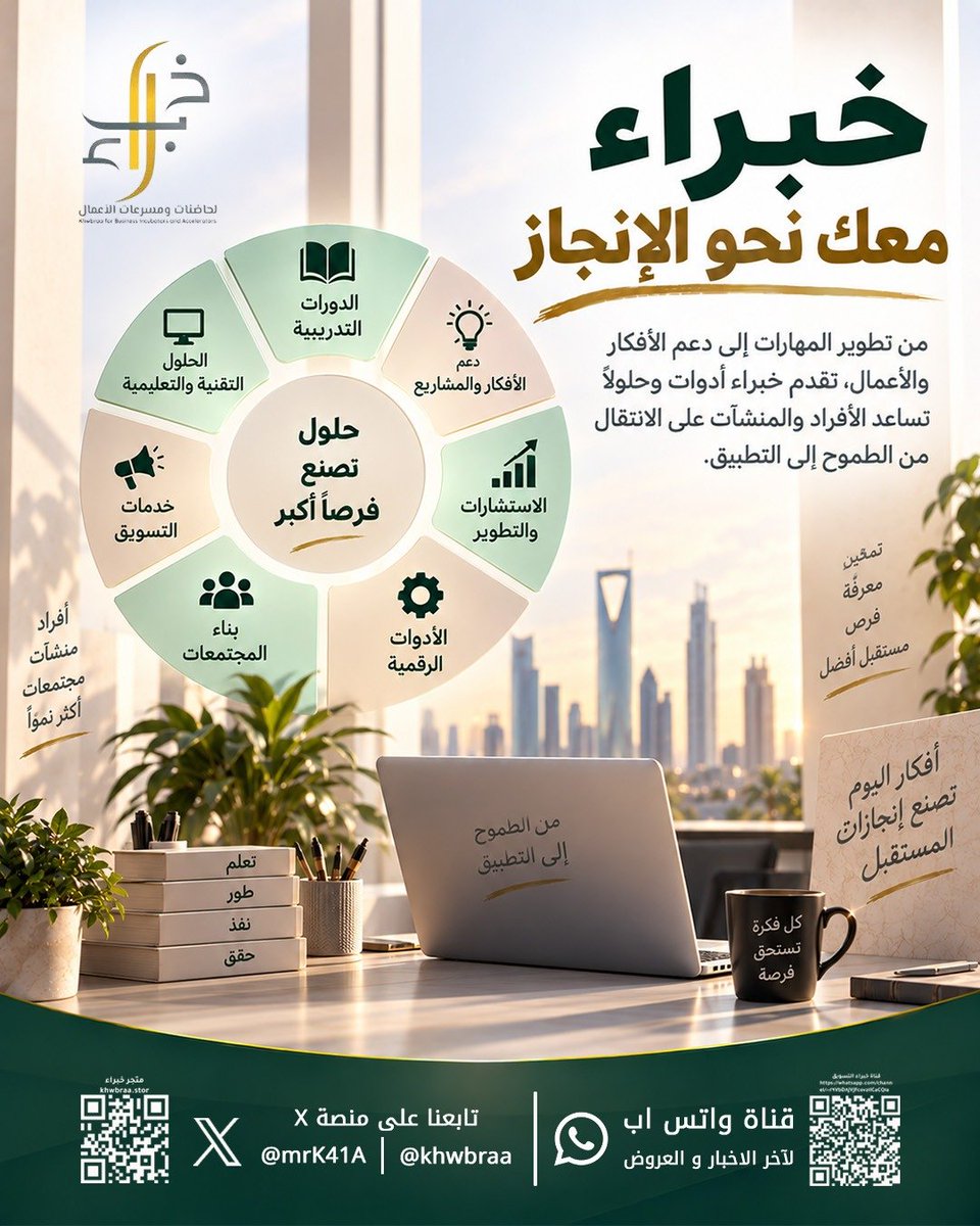mrK4IA's tweet photo. من تطوير المهارات إلى دعم الأفكار والأعمال نؤمن أن الطموح يصبح أقوى عندما يجد الأدوات المناسبة والطريق الواضح
في خبراء نساعد الأفراد والمنشآت على الانتقال من الطموح إلى التطبيق
خبراء معك… من الفكرة إلى الإنجاز.
#خبراء #خبراء_معك_نحو_الإنجاز #تطوير_المهارات  #ريادة_الأعمال https://t.co/KAwms6xG7B