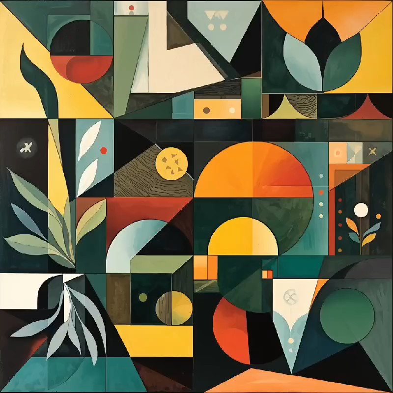Abstract geometric artwork featuring a colorful arrangement of shapes, circles, triangles, and stylized botanical leaves in teal, orange, yellow, and black.