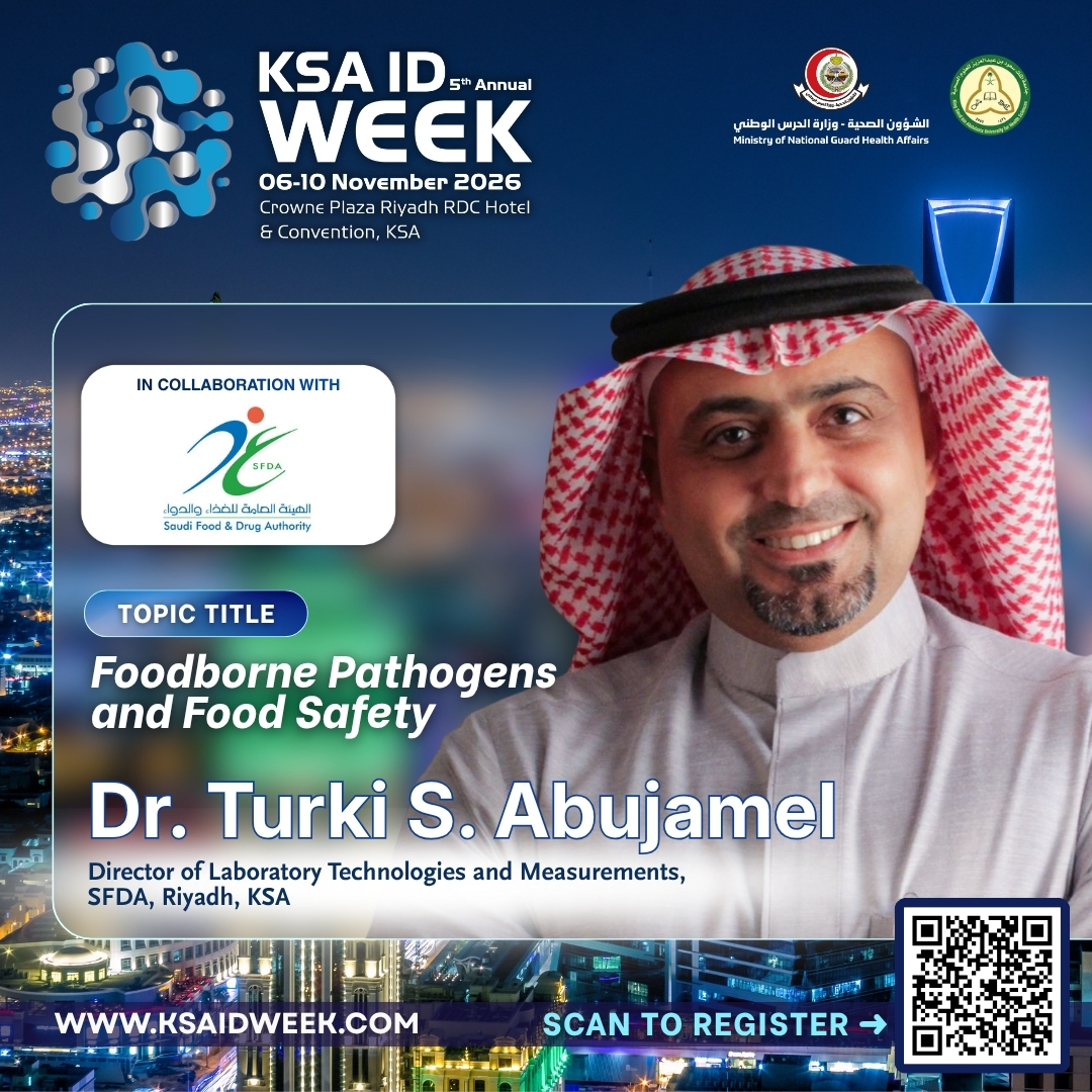 IDprofs's tweet photo. We are please to welcome DR. TURKI ABUJAMEL of SFDA to KSA ID Week 2026. 📢

Learn from the expert - register today!
📅 6-10 November 2026 | 📍 Crowne Plaza RDC, KSA
🌐 https://t.co/lE7NvY6ltJ

#KSAIDWeek2026 #InfectiousDiseases #MedicalEducation #Healthcare #Riyadh #SaudiArabia https://t.co/TDP1vdTyKW