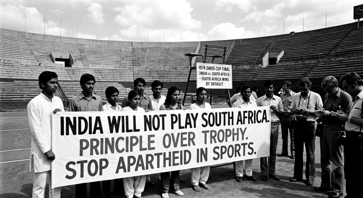 indiafact0's tweet photo. 1974: India’s Stand Against Apartheid: 🇮🇳

🎾 Principle Over Trophy: India refused to play South Africa in the 1974 Davis Cup final to protest against the South African government's apartheid policy.

#DavisCup #AntiApartheid #Standforjustice #Onthisday https://t.co/AQez0xXvG5