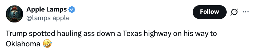 AFistfulOfTruth's tweet photo. #TrumpTruthHighlights
I thought it was a little strange that POTUS was not flying but driving from Tejas to OK.... Snack figured out why. https://t.co/3hr5dDqoD9 https://t.co/whIcmvgYvt