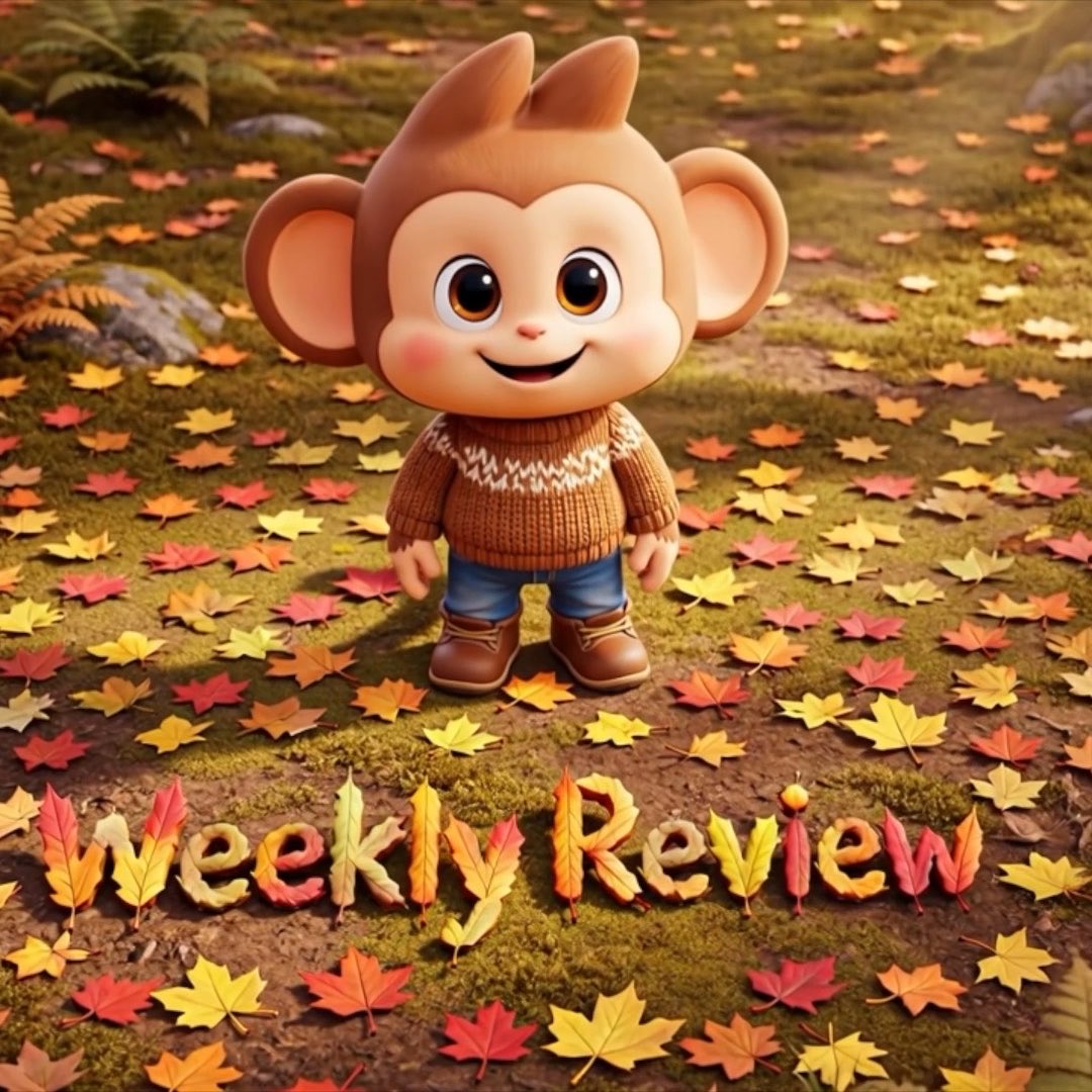 A cute, 3D-rendered cartoon monkey character in a brown sweater stands on a bed of autumn leaves with the words 'Weekly Review' spelled out in leaves.