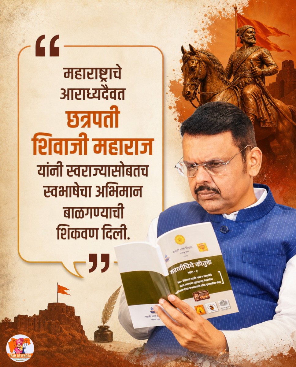 SaiShirpure's tweet photo. महाराष्ट्राचे आराध्यदैवत छत्रपती शिवाजी महाराजांनी स्वराज्यासोबत स्वभाषेचा अभिमान जपण्याची शिकवण दिली.
मराठी भाषा, संस्कृती आणि अस्मिता जपणे हीच छत्रपतींच्या विचारांना खरी मानवंदना..!

#DevendraFadnavis #Teamdevendra #ChhatrapatiShivajiMaharaj #MarathiPride #MarathiLanguage https://t.co/7j06FVJo05