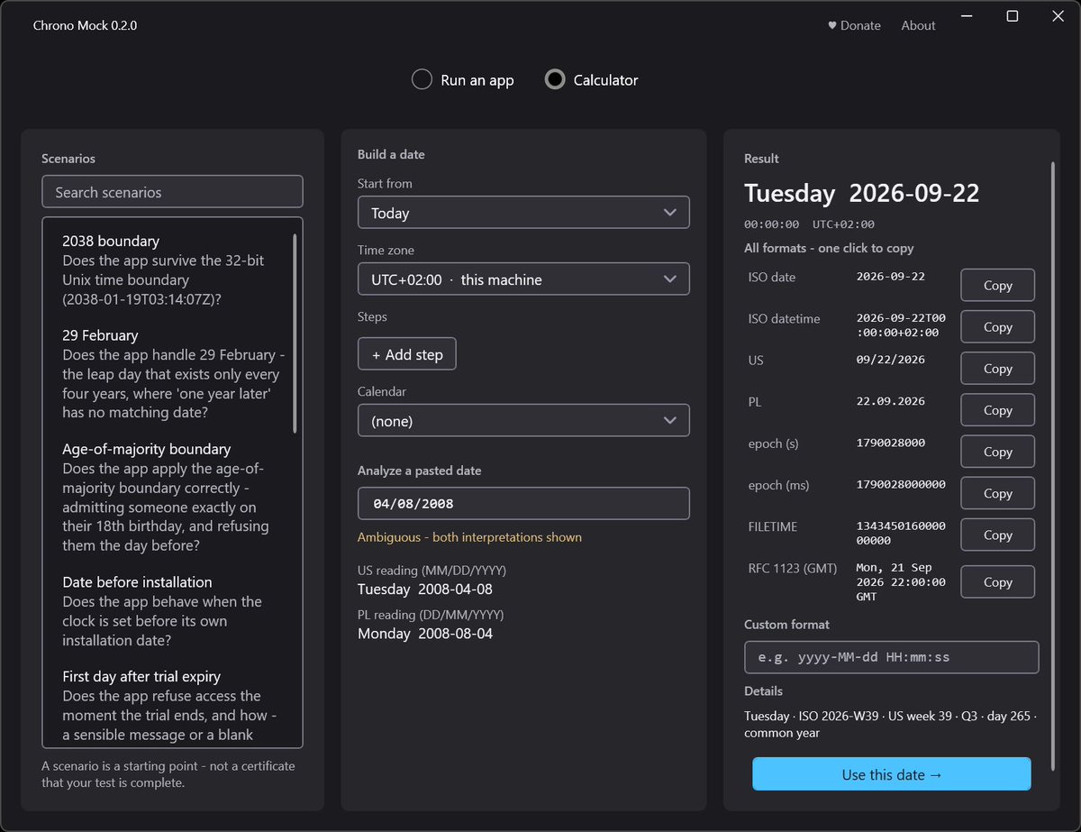 DonislawDev's tweet photo. I had created time/date testing tool with built-in QA date calculator:
https://t.co/ahhhoSFSE9
#programming #devtools #QA #softwaretesting #software https://t.co/gkvqOgwAT3