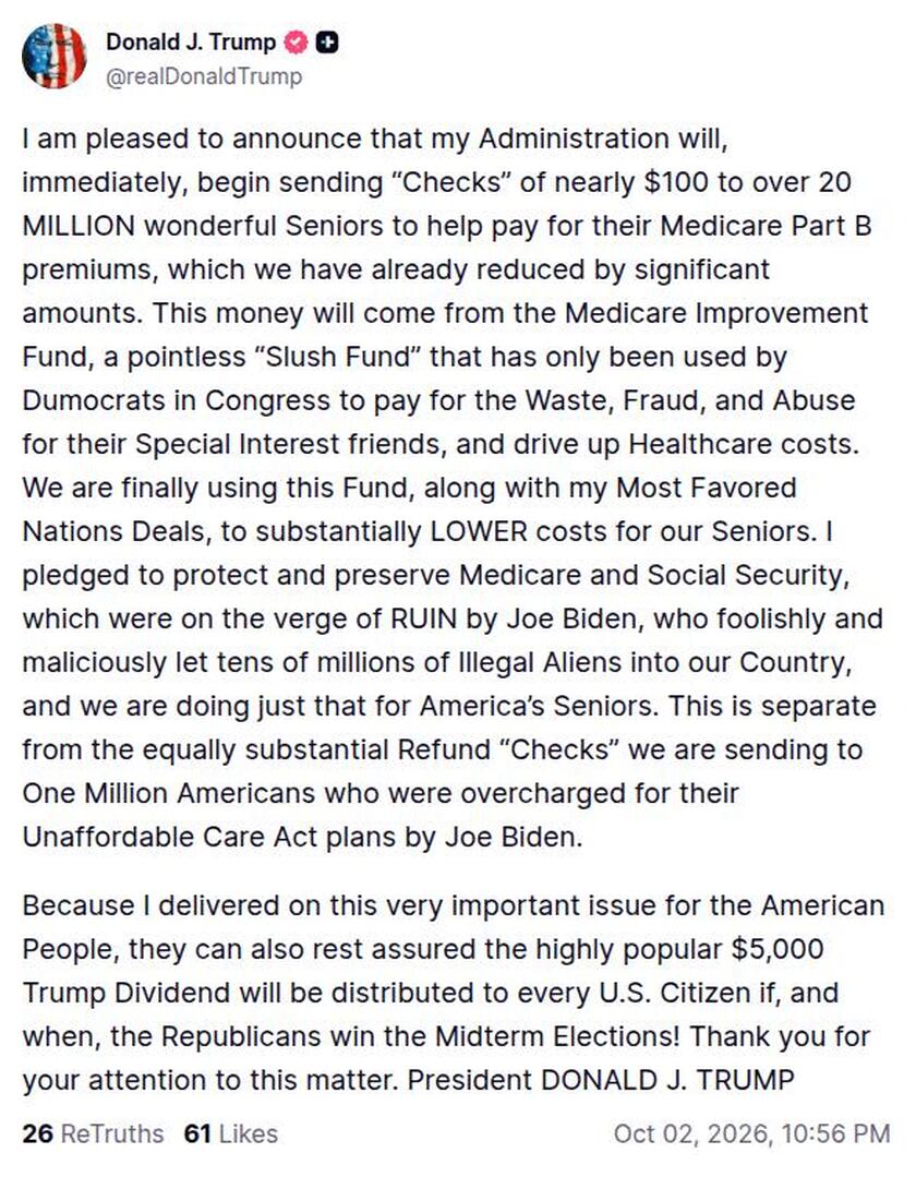 AFistfulOfTruth's tweet photo. #TrumpTruthHighlights
This is just the beginning. The $100 ($90) is a test. More to come! WINNING WITH PRESIDENT TRUMP! https://t.co/xLsRWLkzcp