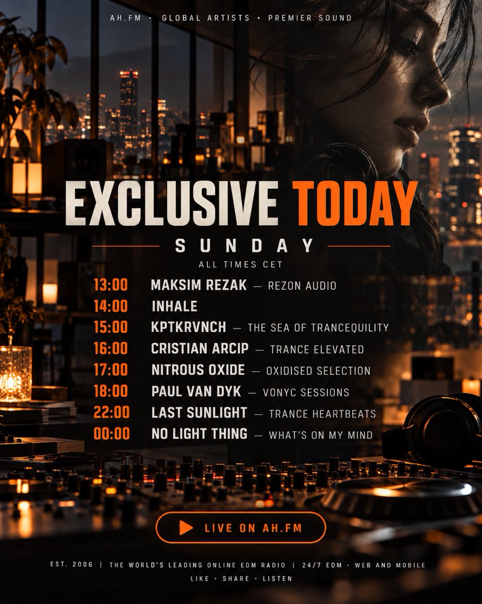 AfterhoursFM's tweet photo. Catch today's exclusive shows from @chris_n2o @PAULVANDYK @lastsunlight plus more

stream live https://t.co/r8gSMIMB0j https://t.co/gMB9mo1DMq