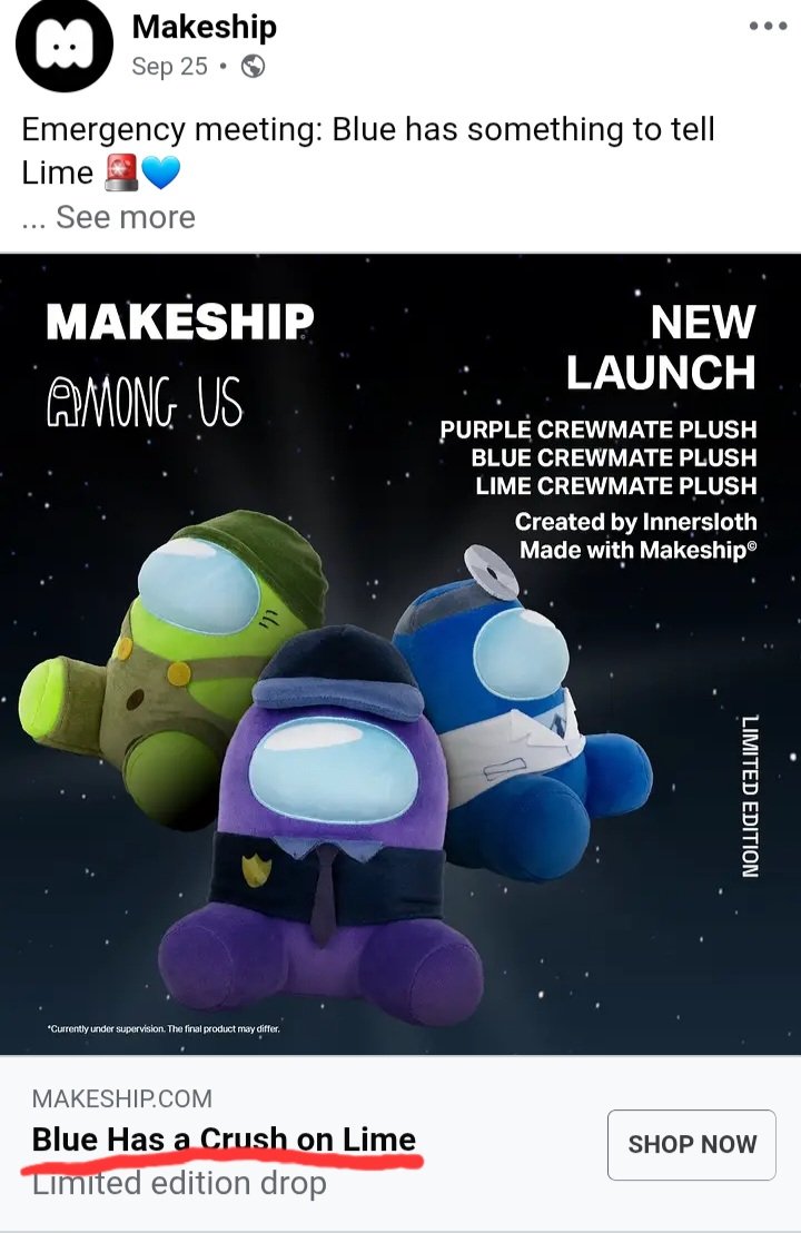 mossball_moth's tweet photo. Can we talk about this Makeship ad confirming blime

#blime #amongus #amongusshow https://t.co/1k5EzolrZ1