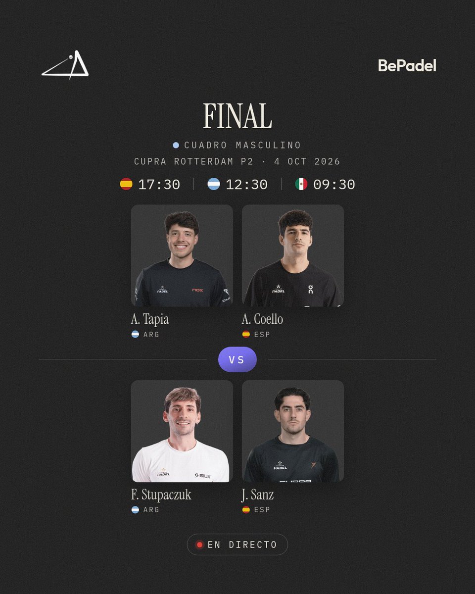 BePadelApp's tweet photo. Tapia y Coello abren la jornada

CUPRA ROTTERDAM P2
📅 Final · 2 partidos

Todo el torneo en directo en BePadel

#CupraRotterdamP2 #RotterdamP2 #PremierPadel #BePadel https://t.co/ycsi1j7b12